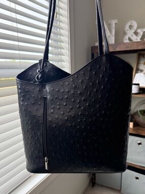 Vintage Italian Leather Ostrich pattern shoulder bag and convertible backpack